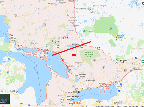 Map of Ontario with line just south of North Bay, indicating 'Yes' above the line and 'No' below the line vis a vis question posed in title