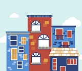 Illustration of a group of colourful buildings