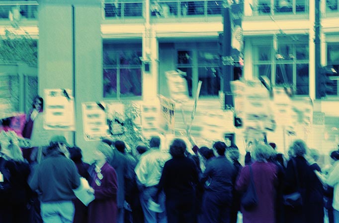 Blurry image of a crowd of protesters