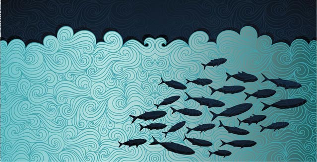 Picture of stylized waves with fishes