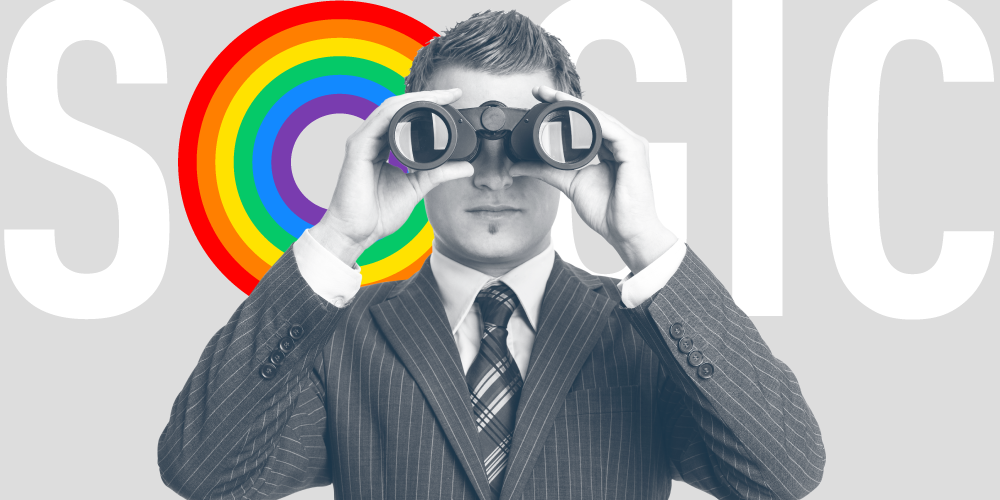 SOGIC logo with Rainbow on O. Man looking through Binoculars