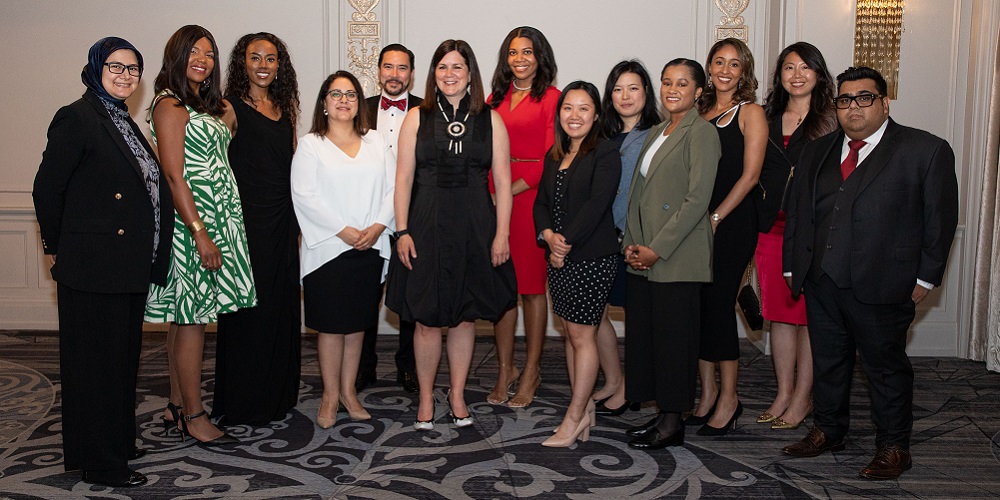 photo of OBA Career Accelerator participants, dressed formally, at Supreme Evening event, with Justice Michelle O'Bonsawin