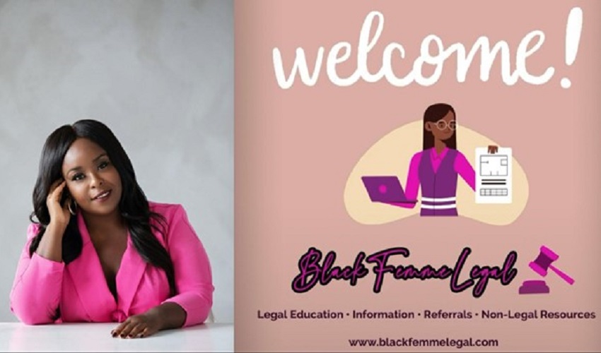 photo of Samantha Peters beside logo for her enterprise, Black Femme Legal, with illustration of Samantha, web address and tagline promoting legal education, information, referrals and non-legal resources