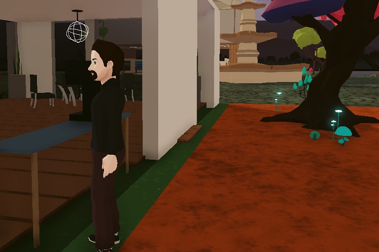 After logging into the platform as a guest (which can be done without sharing personal information or a digital wallet), the author-avatar peers through the window of a virtual law office in Decentraland.