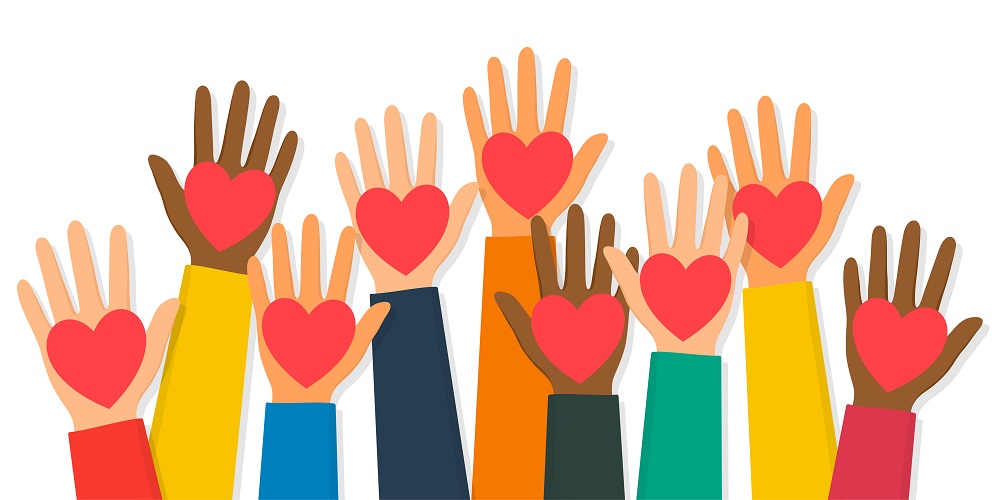 illustration of raised hands with a heart in the middle of each