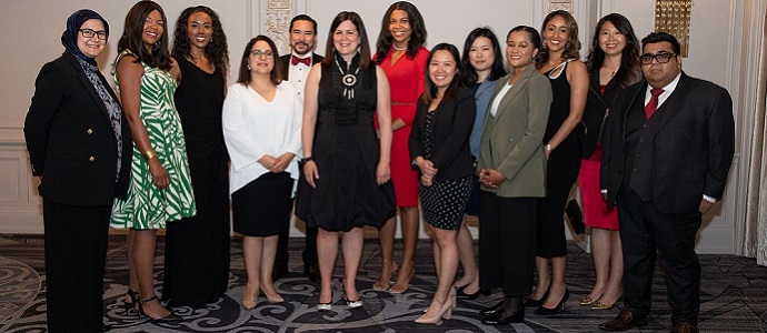Career Accelerators, formally attired, standing in a group at OBA's Supreme Evening Reception with Justice Michelle O'Bonsawin