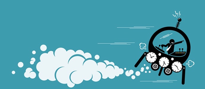 animation of businessperson in a time-machine forging ahead