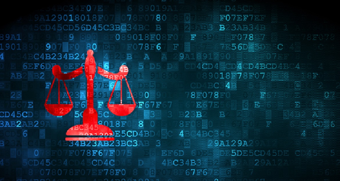 Scale of justice in red on blue background of computer code