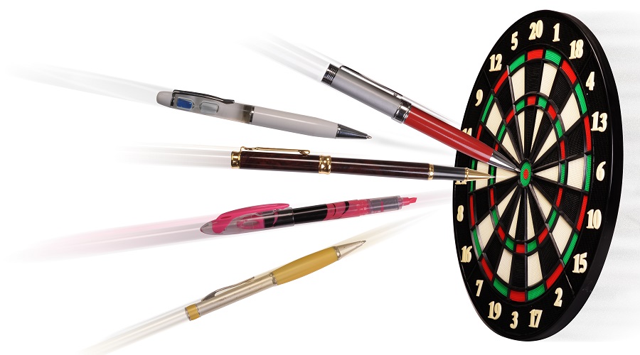 illustration of pens, flying like darts at at dartboard, with one that's hit the bullseye