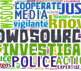 collage of buzzwords like crowdsourcing, police, cooperate, media and vigilante