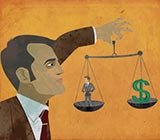 man holding a scale with person on one side and money on the other
