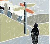 shadowy figure looking at a signpost with directions in four ways