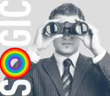 SOGIC logo with Rainbow on O. Man looking through binoculars