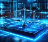 scales of justice over digitized data background