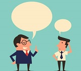 Older professional man and younger professional man with speech bubbles above their heads - older man giving advice, younger man scratching his head