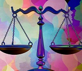 Illustration of scales of justice against backdrop of diverse, multi-coloured faces