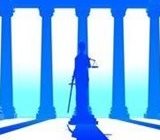 Blue image of lady justice in front of Greco-Roman pillars