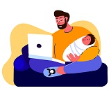 Illustration of father working on computer with baby in his lap