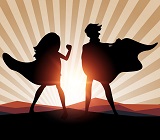 Illustration of one male and one female superhero, both in capes, atop a mountain and looking into the sun