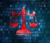 Scale of justice in red on blue background of computer code