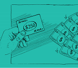 illustration of handing holding coupon next to an array of money bills in different denominations