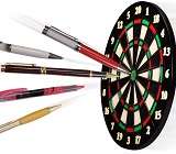 illustration of pens, flying like darts at at dartboard, with one that's hit the bullseye