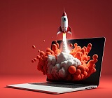 illustration of rocket bursting upward from laptop with a trail of red smoke behind it