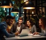 Group of young lawyers grouped around a computer screen, sharing an animated exchange