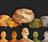 illustration of different-coloured figures, each with speech bubbles emerging from their heads