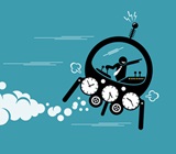 cartoon illustration of a business person in a time machine, moving across the sky and pointing forward