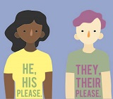 Three people wear tshirts reading she, her please. he, his please. they, their please