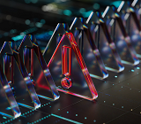 series of clear triangle tiles atop a computer board interior, with one red tile containing an exclamation mark standing out