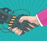 mechanical hand grasping a human hand