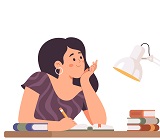 illustration of female law student sitting at desk with books and staring pensively