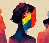 abstract, colourful image of gender-neutral figures surrounding the head a shoulders of a person with a mish-mash of different facial features superimposed