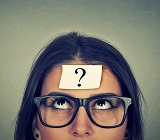 Woman with a question mark on forehead