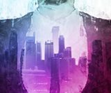 Stylized image of a person chest with image of city overlaid
