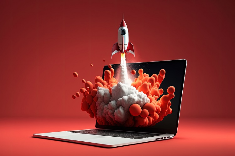 illustration of rocket bursting upward from laptop with a trail of red smoke behind it