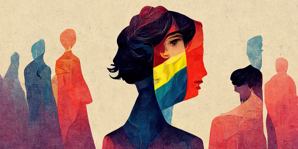 abstract, colourful image of gender-neutral figures surrounding the head a shoulders of a person with a mish-mash of different facial features superimposed