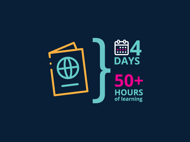 Illustration of a passport and suitcase highlighting four days and over 50 hours of programming.