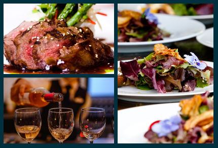 A vibrant collage showcasing a gourmet plated dinner featuring a succulent beef dish, fresh garden salad garnished with edible flowers, and wine being elegantly poured into glasses.