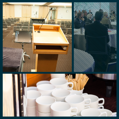 Collage featuring an empty conference room with a podium and microphone, a blurred image of people at a formal gathering, and a stack of white coffee cups with wooden stirrers.
