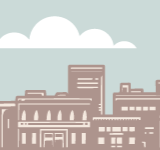 Illustration of clouds in sky with buildings underneath