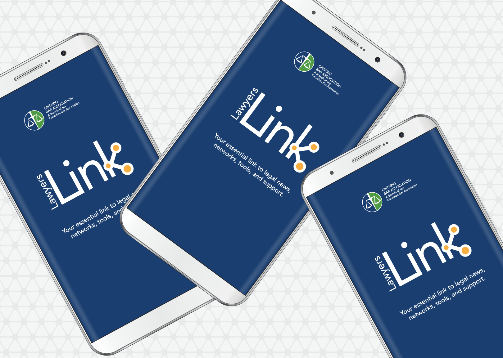 Three smartphones displaying the Lawyers Link app with a blue background, logo, and tagline 'Your essential link to legal news, networks, tools, and support.'