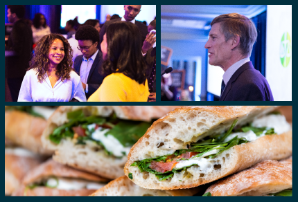 Collage of three images: including group of people talking, person speaking to audience, and plate of sandwiches.