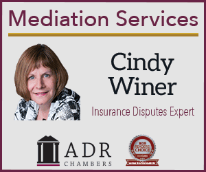 Arbitrator and Mediator Cindy Winer professional profile banner with portrait, ADR logo, and affiliation details