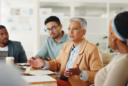 Diverse group of professionals participating in a boardroom discussion.