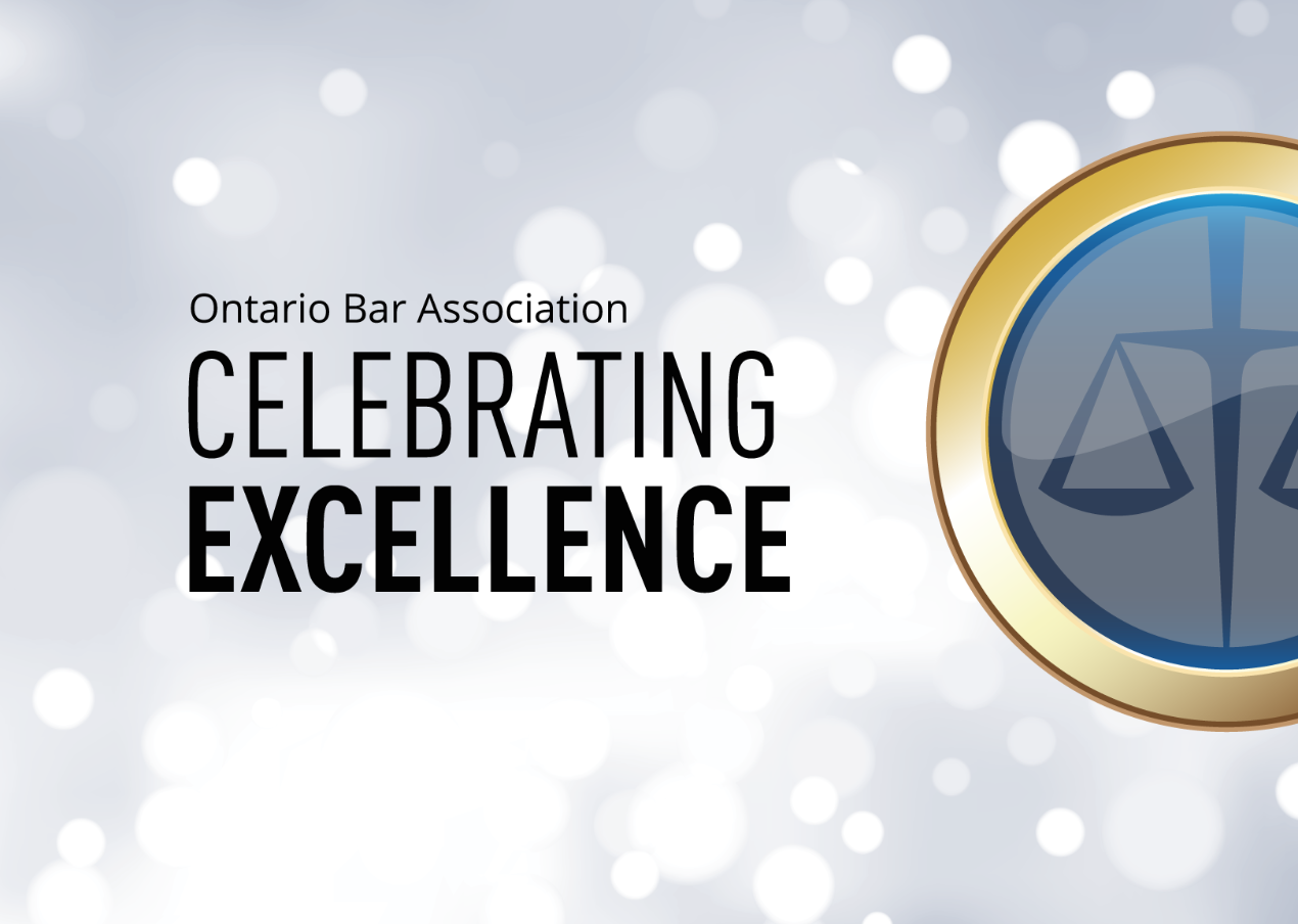 Ontario Bar Association: Celebrating Excellence, featuring a gold and blue emblem with justice scales on a blurred light background.