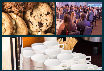 Collage of three images.  One showing cookies, one cups of coffee, and the last showing people listening from tables in a conference room.