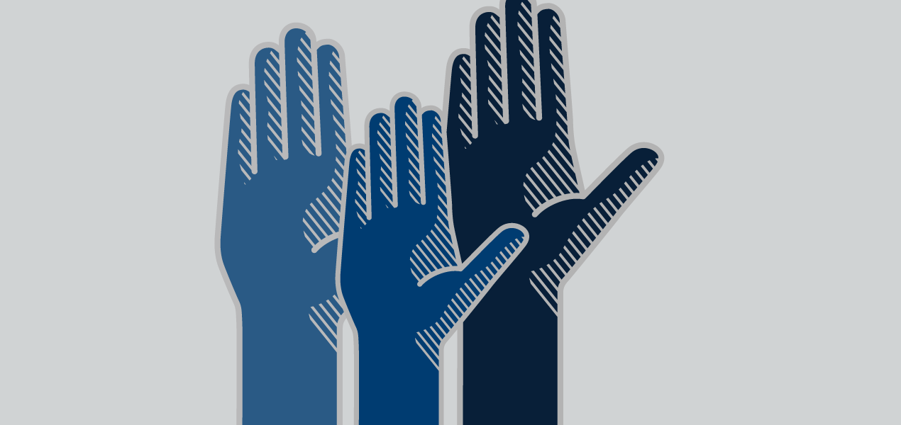 Illustration of 3 hands in the air on a gray background